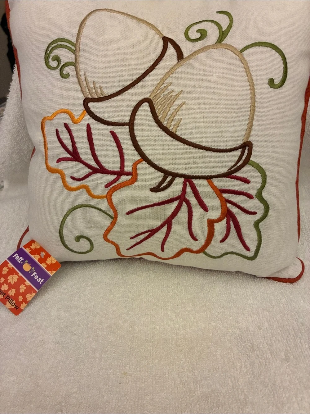 Fall Fest Home Decor Acorn Embroidered Decorative Accent Pillow - Cream & Orange